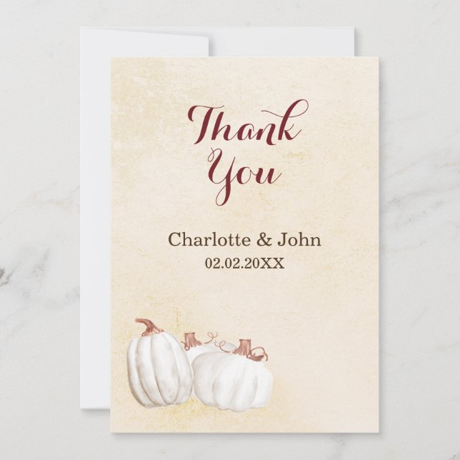 Vita pumpor faller skörd bröllop tack vare dig kort (Framsida)