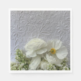 Vita ranunkulus och laktor med inbäddat textutrymm pappersservett