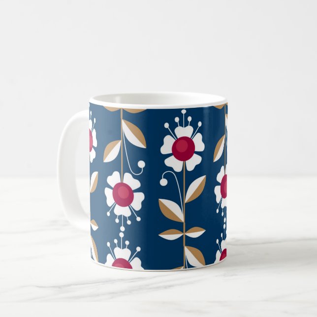 Vita retroblommor på mörkblå bakgrund kaffemugg (Framsida vänster)