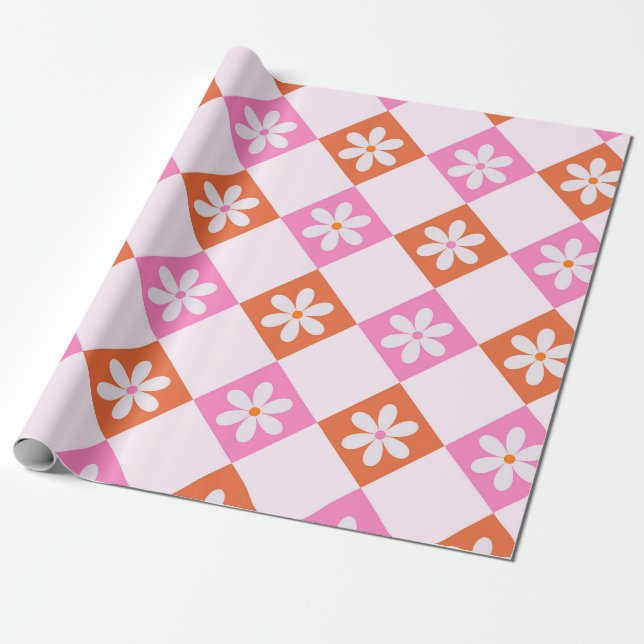 Vita Retroblommor på Orange och Rosa Diamanter Presentpapper (Utrullad)