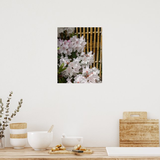Vita Rhododendronblommor och bambustaket blommar Poster (Kök)