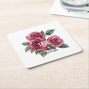 Vita Röd ros Blommigt Kärlek Bröllop Underlägg Papper Kvadrat