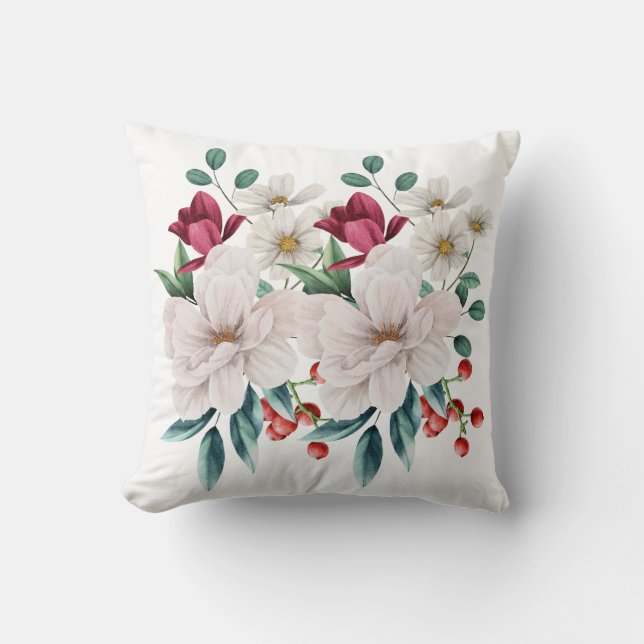 Vita röda blommor Bladverk röda bär Present Kudde (Framsida)
