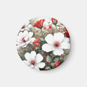 Vita & Röda Blommor Elegant Akvarell Magnet
