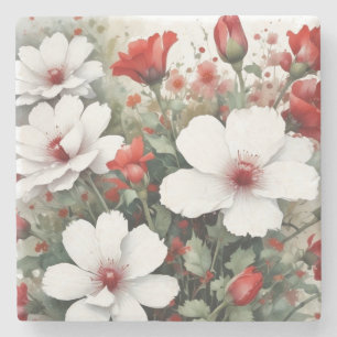 Vita & Röda Blommor Elegant Akvarell Stenunderlägg