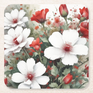 Vita & Röda Blommor Elegant Akvarell Underlägg Papper Kvadrat