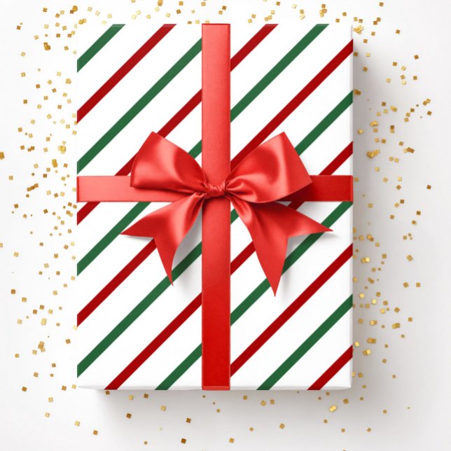 Vita röda Grönten, jul, Rand Mönster Presentpapper (White Red Green Christmas Stripes Pattern Wrapping Paper)