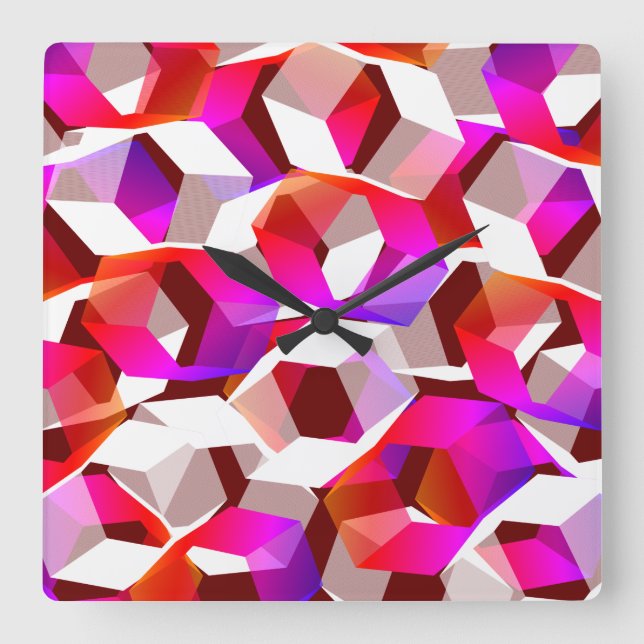 Vita, röda till rosa hexagon på mörk röd bakgrund fyrkantig klocka (Framsida)