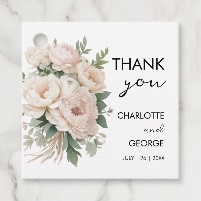 Vita rosa blommigt Rustic bröllopsfavörer Gåvor Etiketter (Framsida)