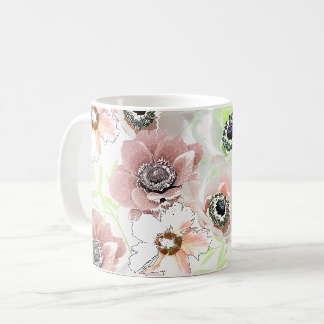 Vita, rosa blommor. kaffemugg (Framsida vänster)