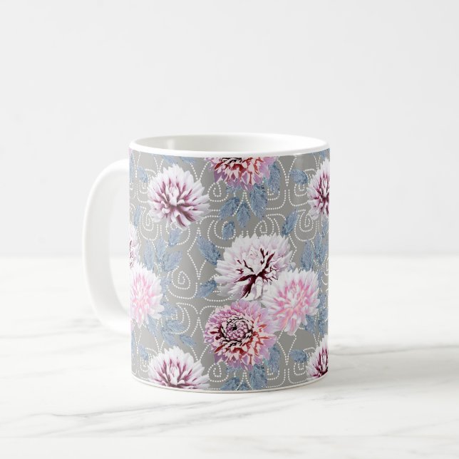 Vita, rosa blommor på grått. kaffemugg (Framsida vänster)