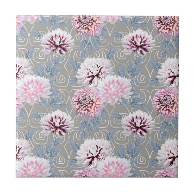 Vita, rosa blommor på grått. kakelplatta (Framsidan)