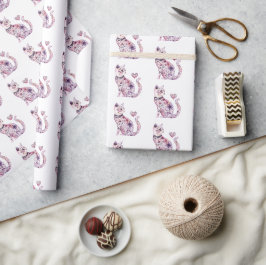 Vita Rosa Lila Hjärtan Blommig Katt Födelsedag Presentpapper
