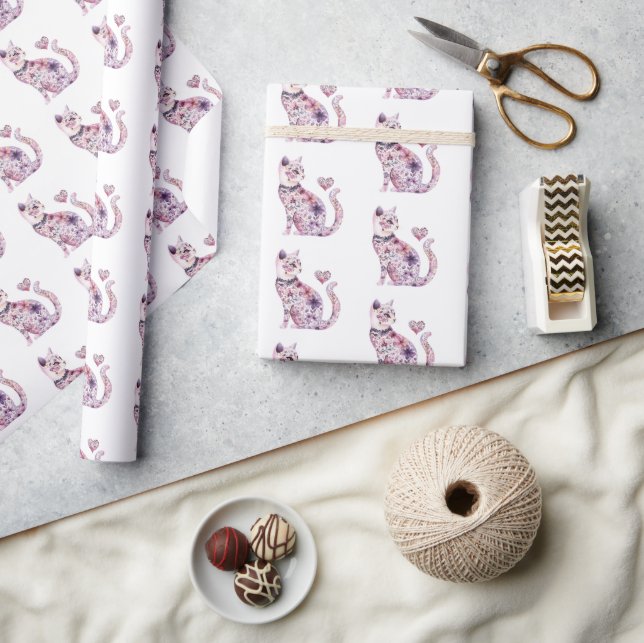 Vita Rosa Lila Hjärtan Blommig Katt Födelsedag Presentpapper (Hantverk)