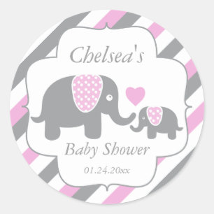 Vita, Rosa och Grått Rand Elephants Baby Shower Runt Klistermärke