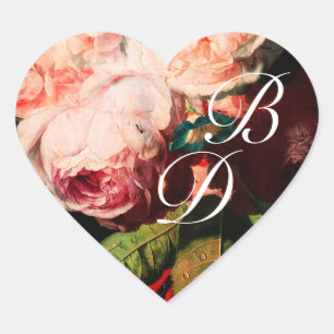VITA ROSA ROS OCH MORNING GLORY MONOGRAM HJÄRTFORMAT KLISTERMÄRKE