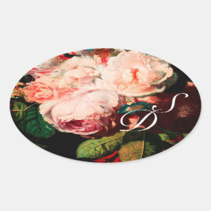 VITA ROSA ROS OCH MORNING GLORY MONOGRAM OVALT KLISTERMÄRKE