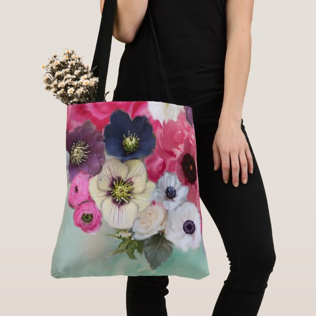 VITA ROSA ROSOR ,ANEMONEBLOMMOR ,TEAL AKVA BLÅ TYGKASSE (Närbild)