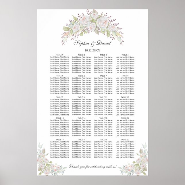 Vita rosa rosor Bröllops sittplatskarta 160 gäster Poster (Framsidan)