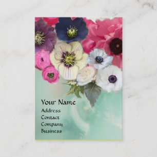VITA ROSA ROSOR OCH ANEMONEBLOMMOR MONOGRAM VISITKORT