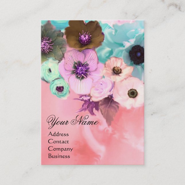 VITA ROSA TEAL ROSOR OCH ANEMONE BLOMMOR MONOGRAM VISITKORT (Framsida)