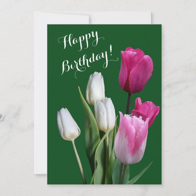 Vita rosa-tulpaner i blommigt grattis på födelseda julkort (Framsida)