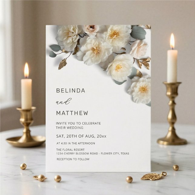 Vita rosor 3D blommor Eleganta vita bröllop Inbjudningar (Skapare uppladdad)