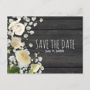 Vita rosor & babysand på trä Save The Date Meddelande Vykort
