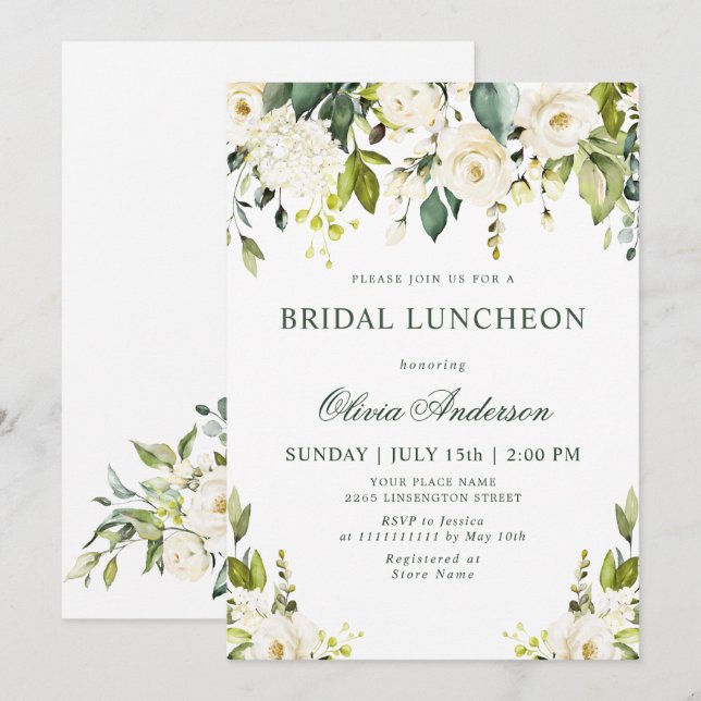 Vita Rosor Blommig  Akvarell BRÖLLOPSLUNCH Inbjudningar (Fram/baksida)