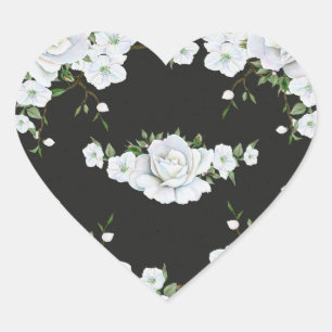 Vita rosor blommig och kolgrå elegant presentfavor hjärtformat klistermärke