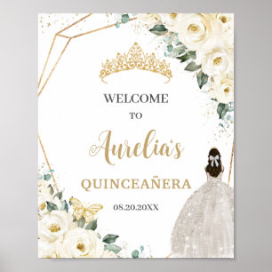 Vita Rosor Blommig Quinceañera 15 Födelsedags Välk Poster