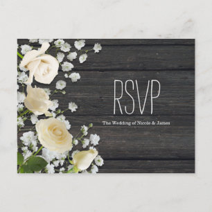 Vita rosor & Brudslöja på trä RSVP Inbjudan Vykort