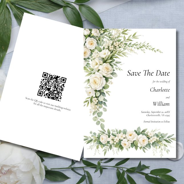 Vita rosor Crème Bröllop Spara datum QR-kod Inbjudningar (White Roses Cream Florals Watercolor Elegant Wedding Save the date card)
