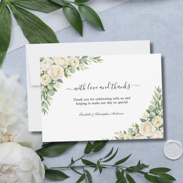 Vita rosor Crème Floral Greenery Bröllop Tack Kort (White Roses Cream Watercolor Florals Elegant Classic Wedding thank you cards)