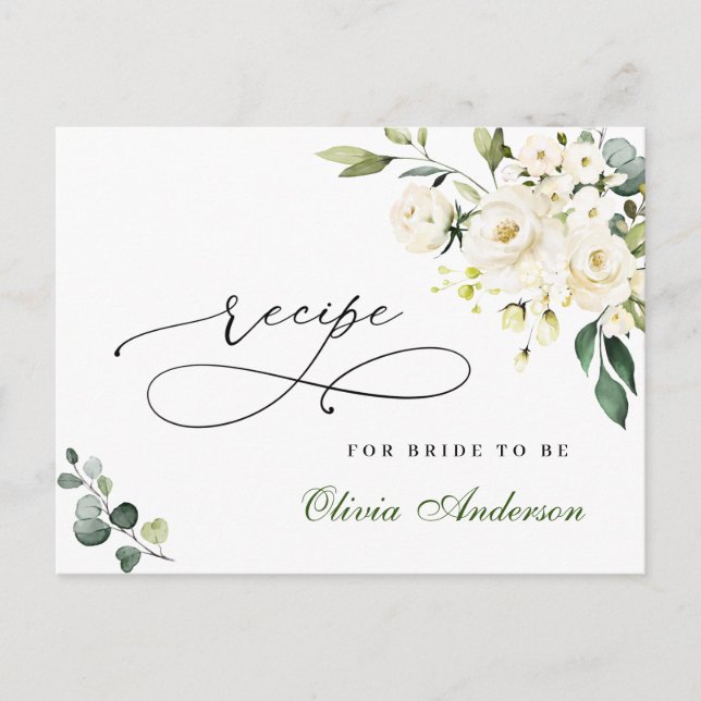 Vita rosor Eucalyptus Bröllopsdusch Receptkort Vykort (Framsida)
