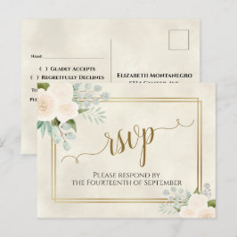 Vita Rosor & Eukalyptus Guld Bröllops RSVP Vykort