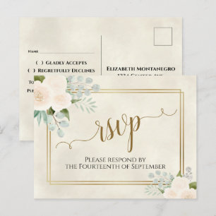 Vita Rosor & Eukalyptus Guld Bröllops RSVP Vykort