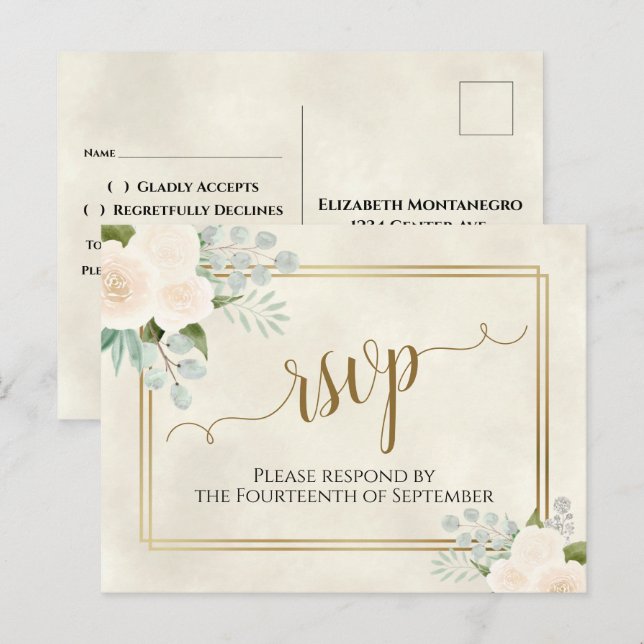 Vita Rosor & Eukalyptus Guld Bröllops RSVP Vykort (Fram/baksida)