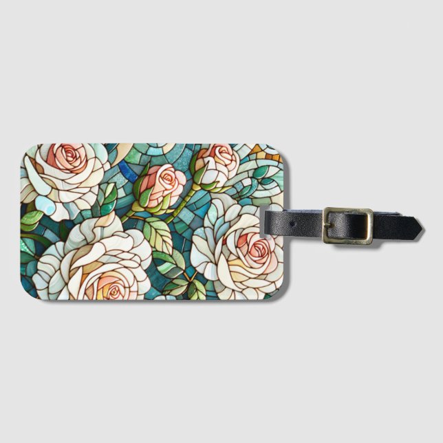 Vita rosor glasmålning mosaik bagagebricka (Framsida horisontal)