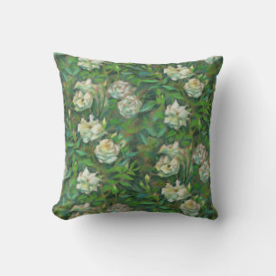 "Vita rosor, gröna blad", vackra blommor Kudde