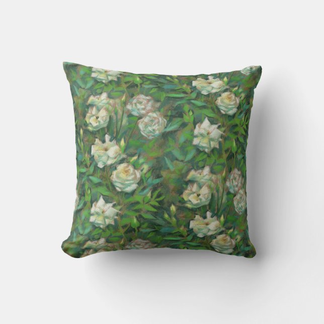 "Vita rosor, gröna blad", vackra blommor Kudde (Framsida)