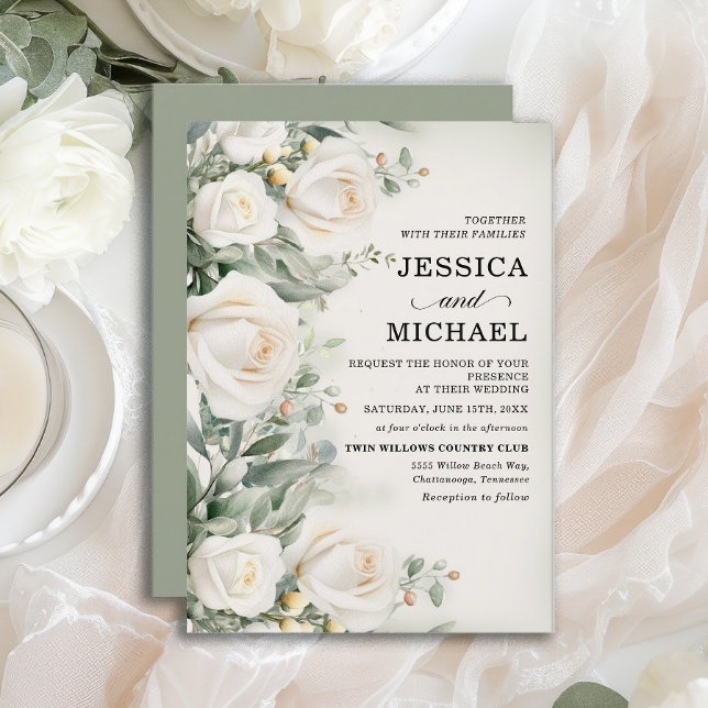 Vita Rosor Grönska Elegant Bröllop Inbjudningar (Elegant white roses wedding invitation)