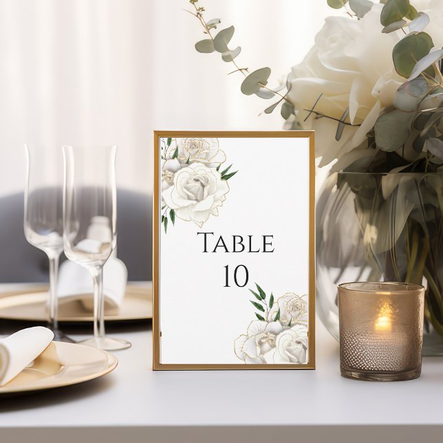 Vita rosor Guld Elegant Bröllops Bord Nummer Kort (White Roses Gold Trim Floral Flowers Elegant Classic Wedding Table Number Cards)