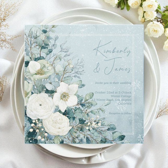 Vita rosor Hellebores Silver Eukalyptus Bröllop Inbjudningar (White Roses Hellebores Silver Eucalyptus Wedding Invitation)