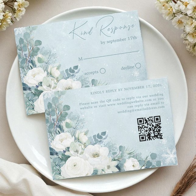 Vita rosor Hellebores Silver Eukalyptus Bröllop OSA Kort (White Roses Hellebores Silver Eucalyptus Wedding RSVP Card)