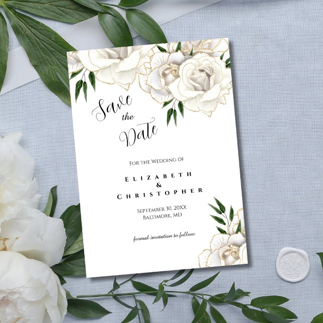 Vita rosor med guldbård eleganta formella bröllop spara datumet (White Rose Gold Trim Elegant Wedding Save the Date Card. Printed or Digital Instant download)
