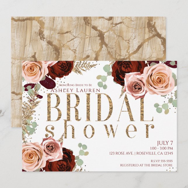 Vita rosor med rosa burgunder Bröllopsdusch Inbjudningar (Fram/baksida)