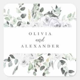 Vita rosor och grönska blomsterbröllop fyrkantigt klistermärke