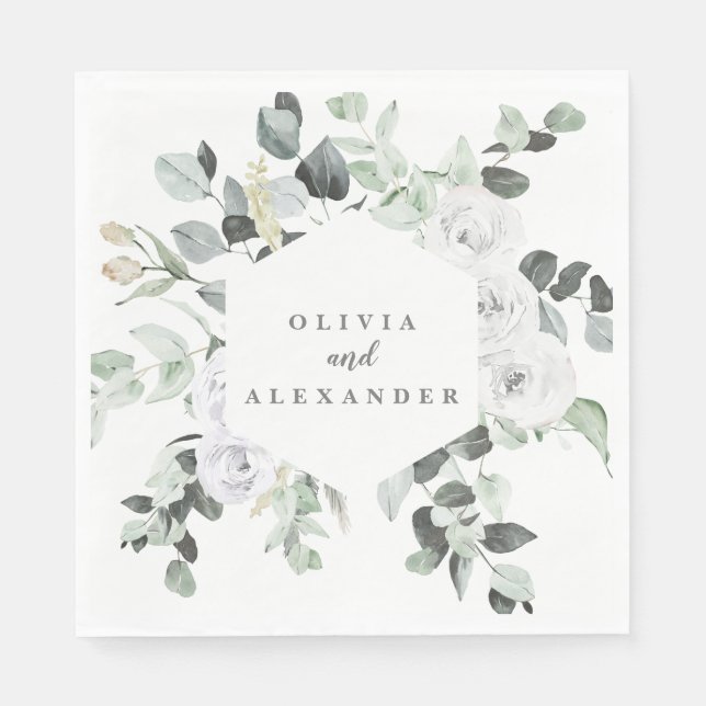 Vita rosor och grönska blomsterbröllop pappersservett (Framsidan)