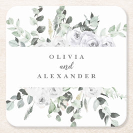 Vita rosor och grönska blomsterbröllop underlägg papper kvadrat